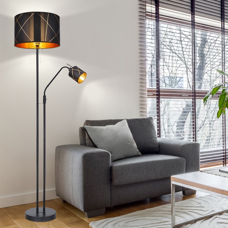Floor lamp living room with reading lamp uplight black gold